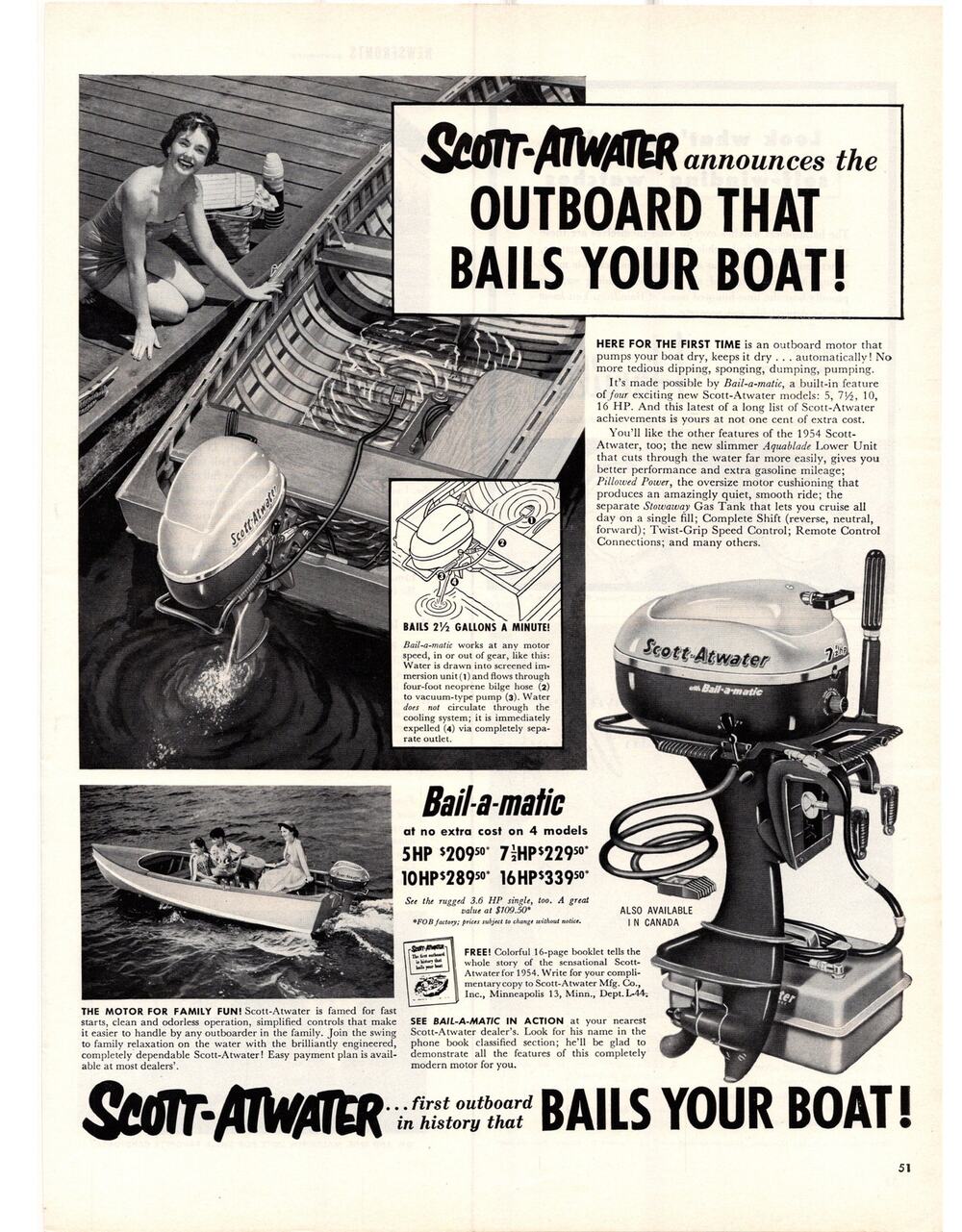 Scott Atwater Outboard Motor Advertisement 1950s Vintage Boat Boating Water B&W